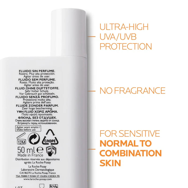 La Roche-Posay Anthelios UVMune 400 Invisible Fluid SPF50+ (50ml) Ultra-Light Daily Sunscreen | Broad Spectrum UVA + UVB Protection
